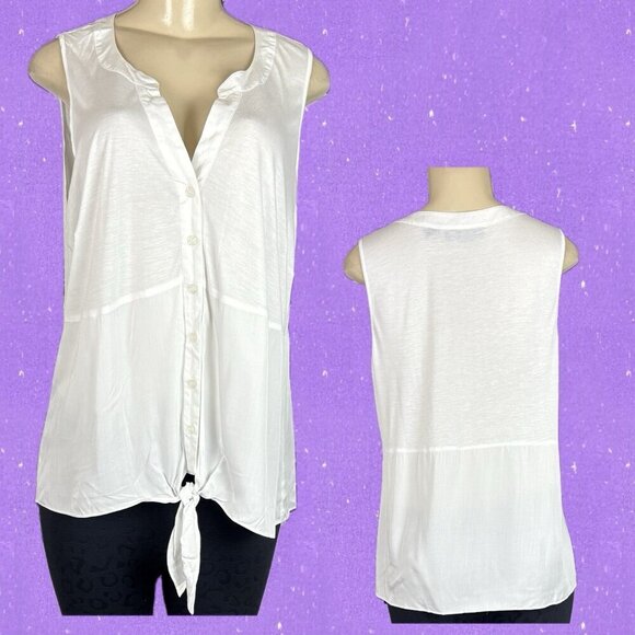 INC International 0X White Split Neckline Button Down Tie Waist Sleeveless Shirt - Picture 1 of 6